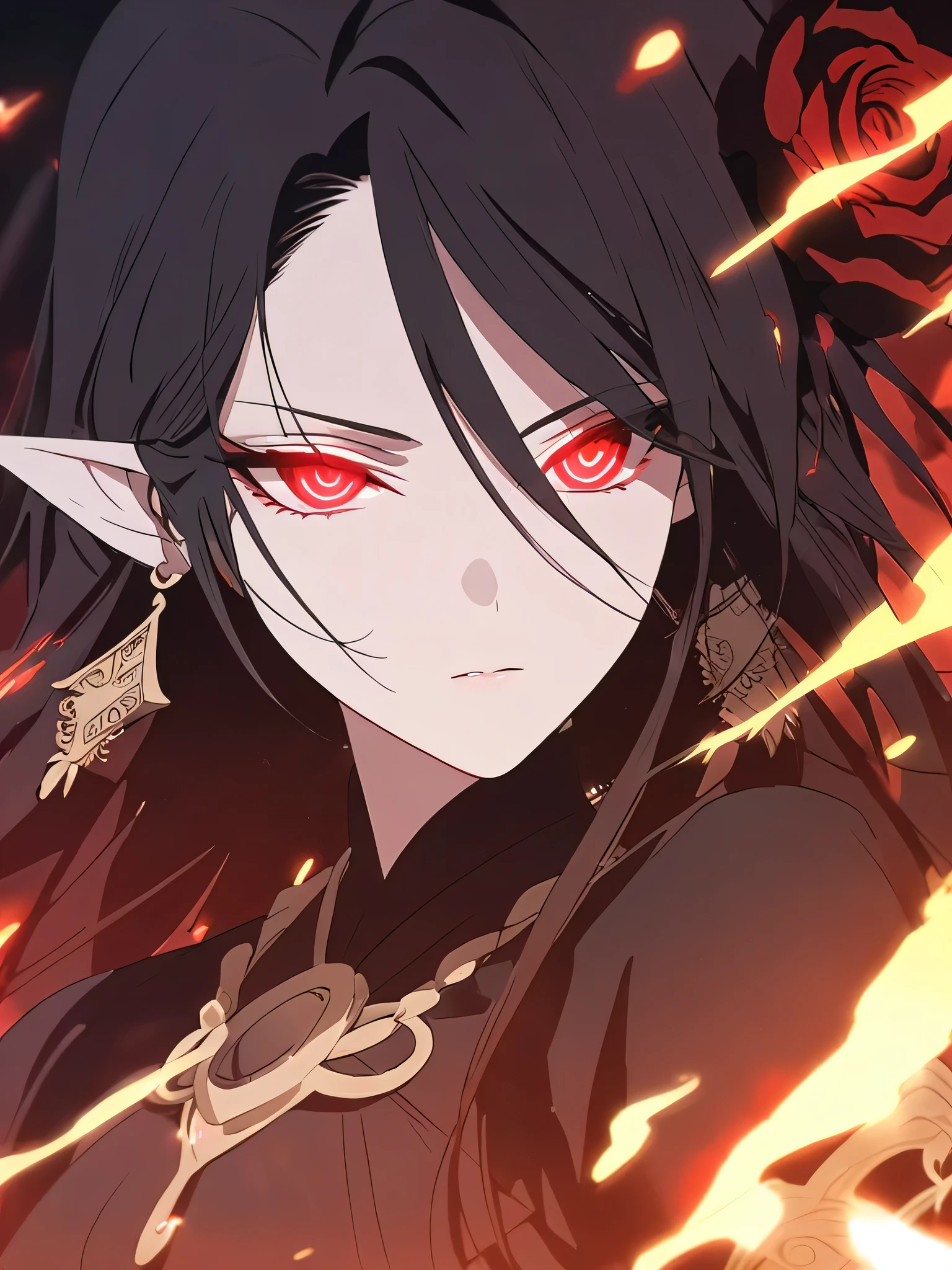 1woman, seriously, elven, dark god, fire black hair, straight hairstyle, glowing red eyes, black rose, black Knight, elegant, traditional thai costume,