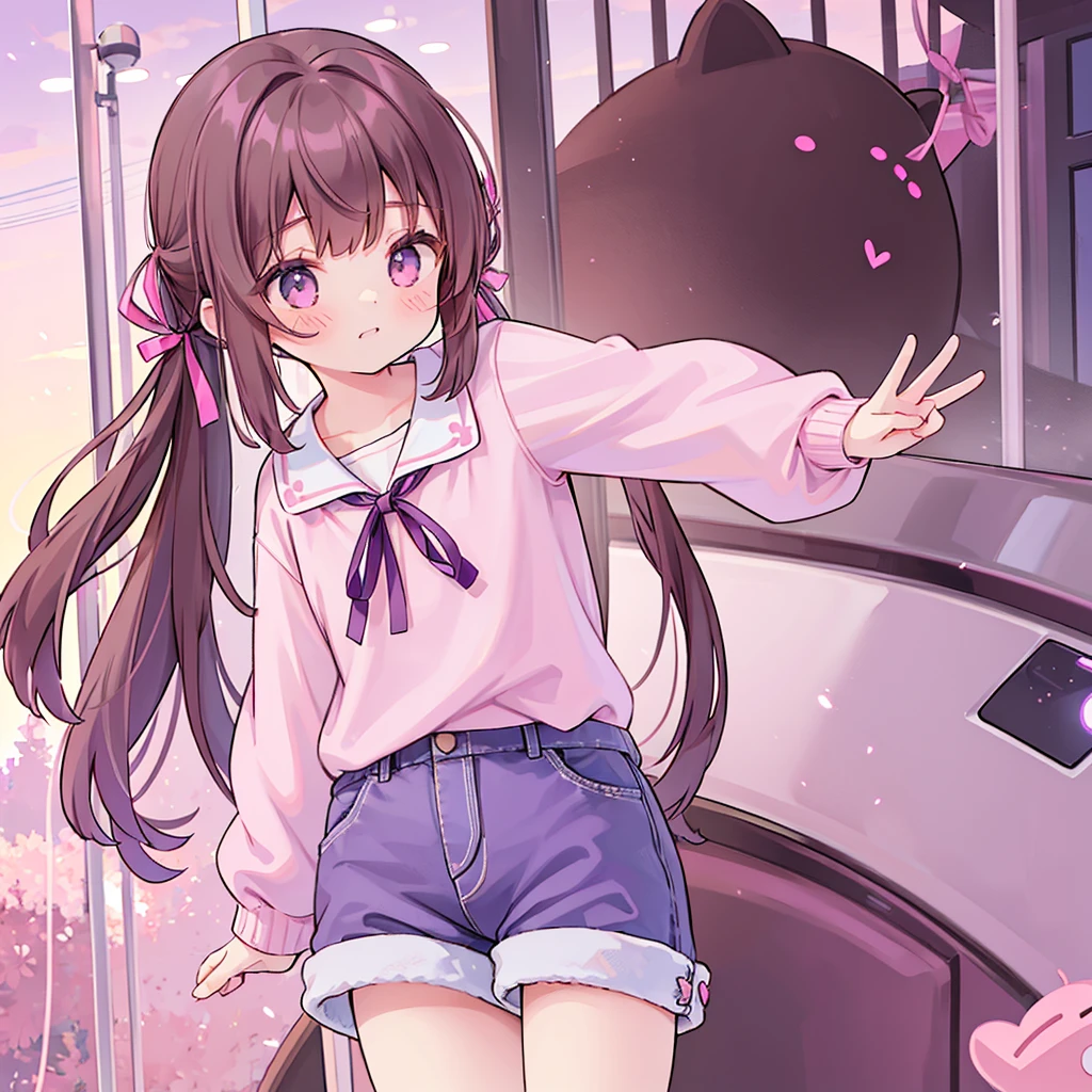 A Girl with long brown hair tied at the back with pink and purple ribbons, wearing a pink shirt with a collar and long sleeves. Wearing loose shorts She is cute 