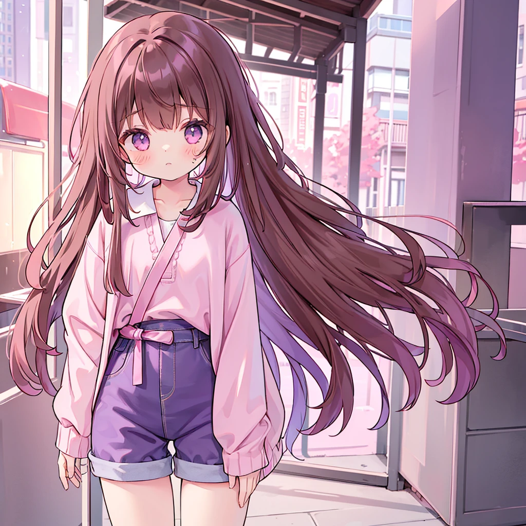 A Girl with long brown hair tied at the back with pink and purple ribbons, wearing a pink shirt with a collar and long sleeves. Wearing loose shorts She is cute 