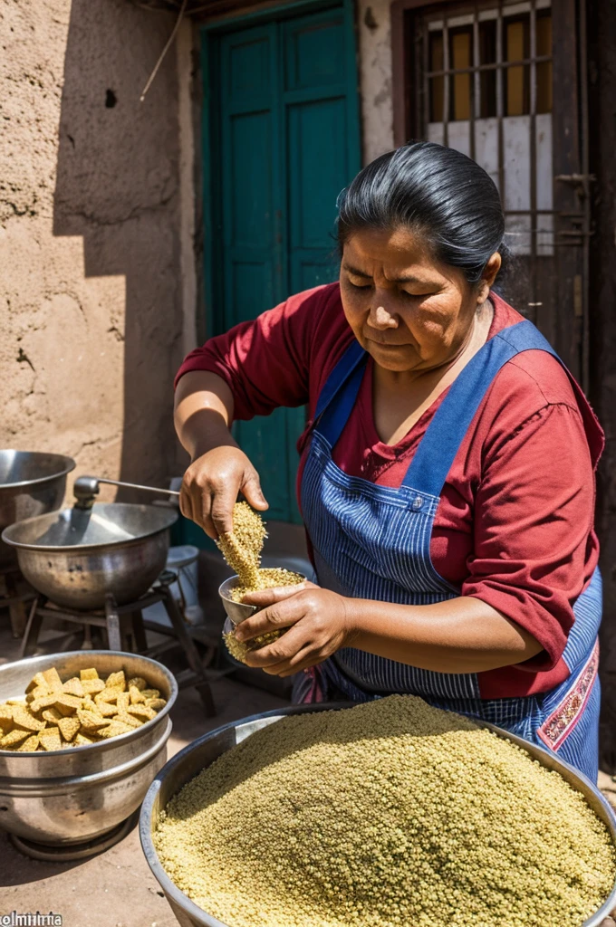 A Cochambina citizen from Cholita Bolivian grinding llajua in vatan and the title says delicious snacks