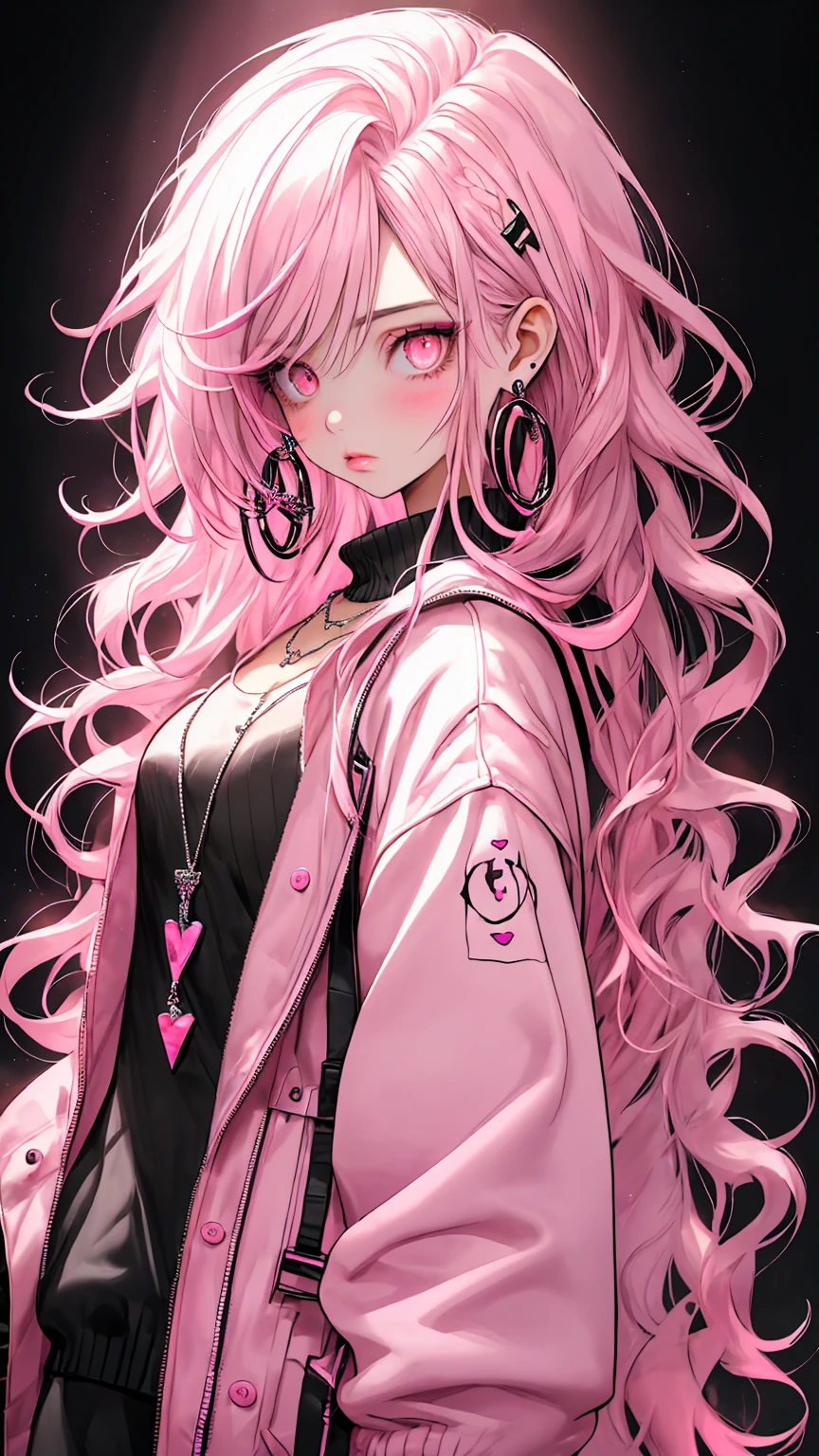 bottom style, 1 girl, alone, long hair, looking at the viewer, glowing background, jewelry, closed mouth, Jacket, Upper body, pink hair, earrings, pink eyes, necklace, From the side, sweater, lips, eyelash, compensate, wavy hair, earrings, cross, lipstick, ear earrings, eye shadow, hoop earrings, pink lips, multicolored eyes, pink theme, , pink eye shadow,