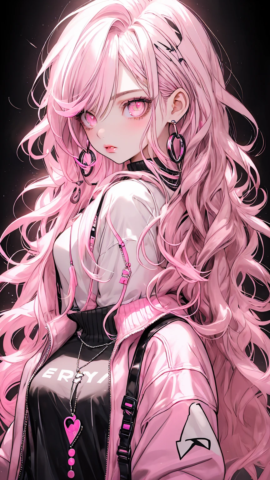 bottom style, 1 girl, alone, long hair, looking at the viewer, glowing background, jewelry, closed mouth, Jacket, Upper body, pink hair, earrings, pink eyes, necklace, From the side, sweater, lips, eyelash, compensate, wavy hair, earrings, cross, lipstick, ear earrings, eye shadow, hoop earrings, pink lips, multicolored eyes, pink theme, , pink eye shadow,