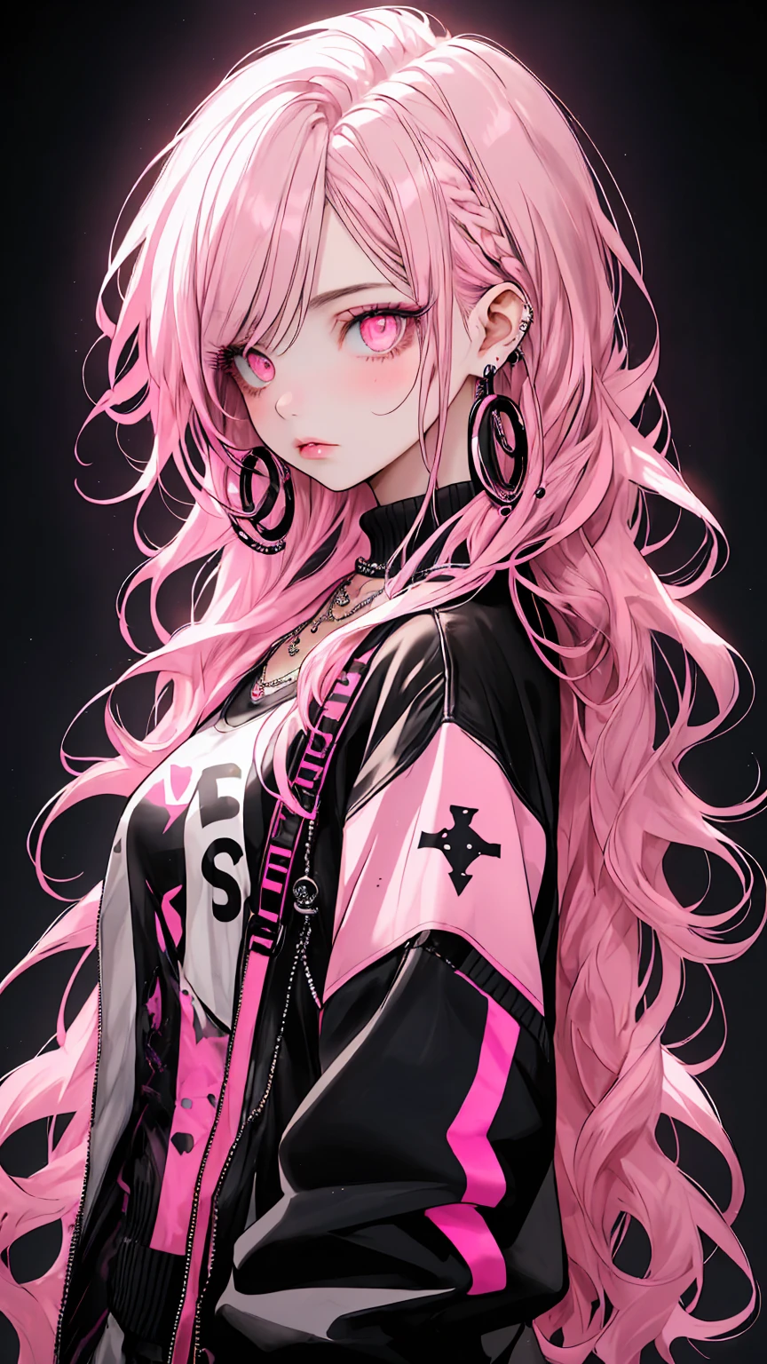 bottom style, 1 girl, alone, long hair, looking at the viewer, glowing background, jewelry, closed mouth, Jacket, Upper body, pink hair, earrings, pink eyes, necklace, From the side, sweater, lips, eyelash, compensate, wavy hair, earrings, cross, lipstick, ear earrings, eye shadow, hoop earrings, pink lips, multicolored eyes, pink theme, , pink eye shadow,