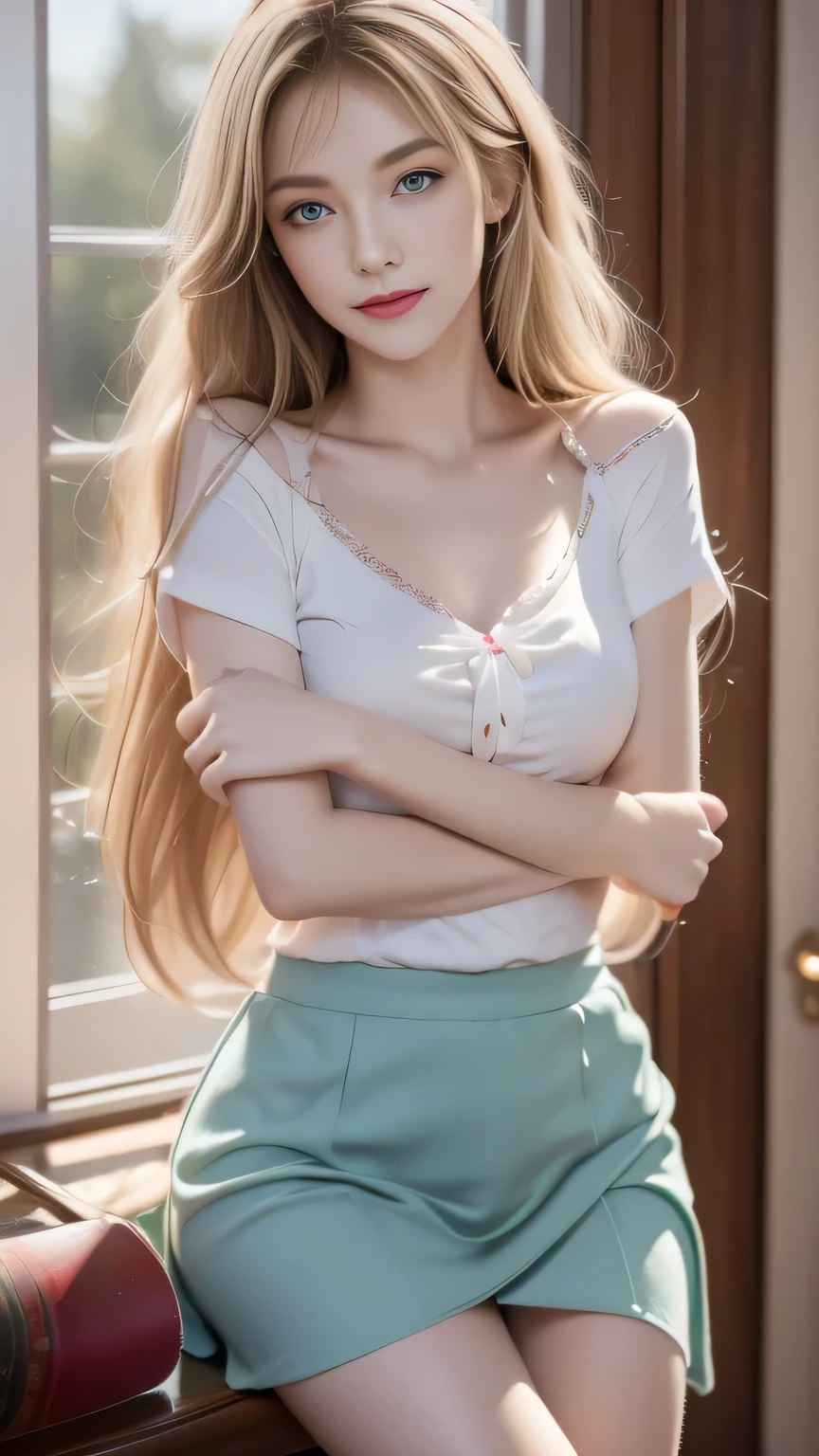((masterpiece,best quality, high resolution)), 1 girl, solitary, Green Eyes, Long blond hair,Tied with a blue ribbon, Bangs, Cross your arms on the table, Sleeping with arms folded, , White Seraph, Red sailor collar, Short sleeve, White pleated skirt, (In the library), Dramatic Lighting, Next to the window, afternoon light through the window, afternoon, Bokeh effect