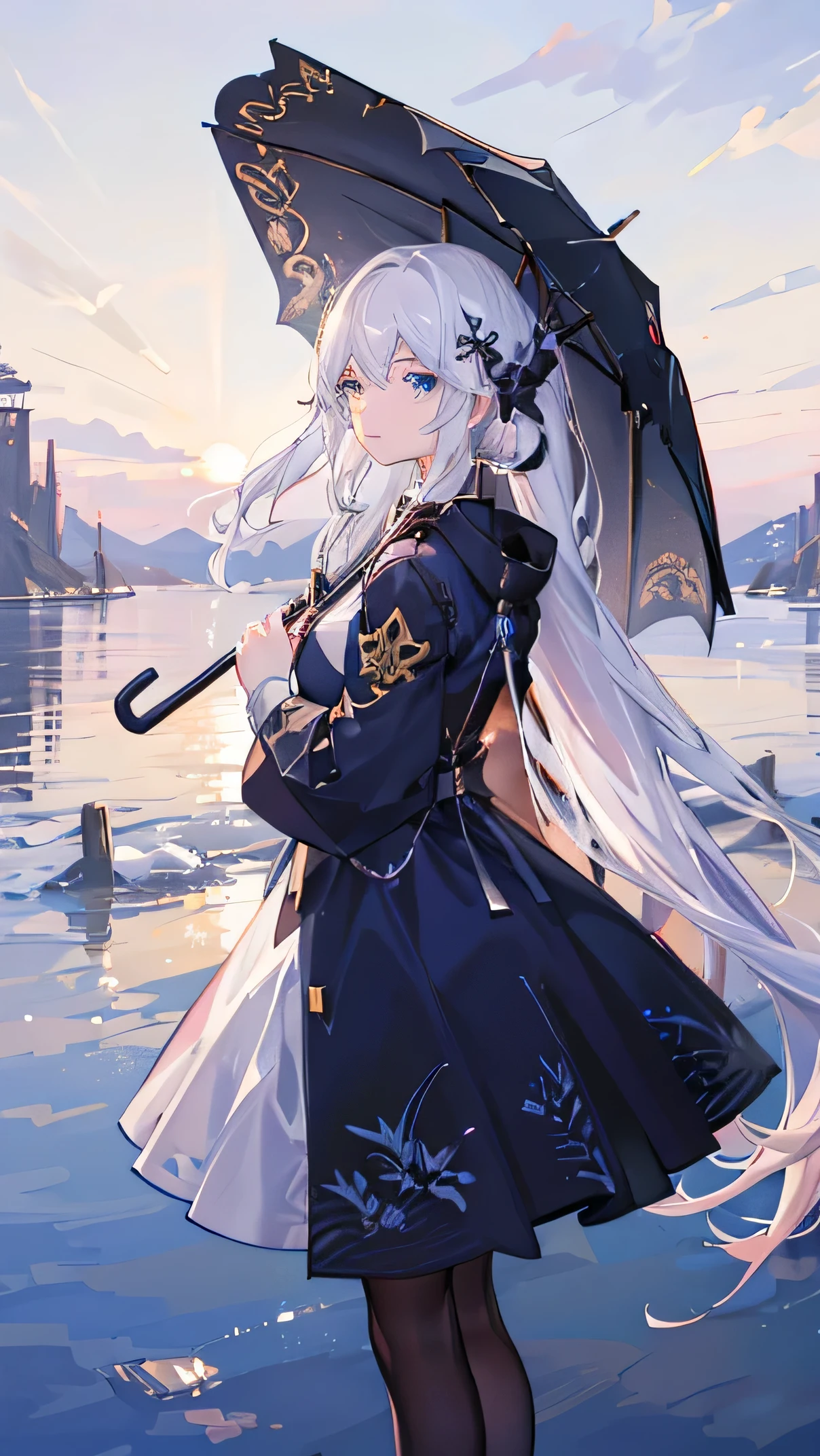 Masterpiece, highres, 1 girl. A young beautiful girl with white hair, white skin, blue eyes. She has long hair, her hair blows in the wind. She looks at viewer and holds a umbrella. A breathtaking landscape, with vibrant colors illuminating the sky. The sun is at high nôn , casting golden rays across the landscape. The sky is a gradient of warm colors The entire scene is serene and majestic, capturing the beauty of the girl.