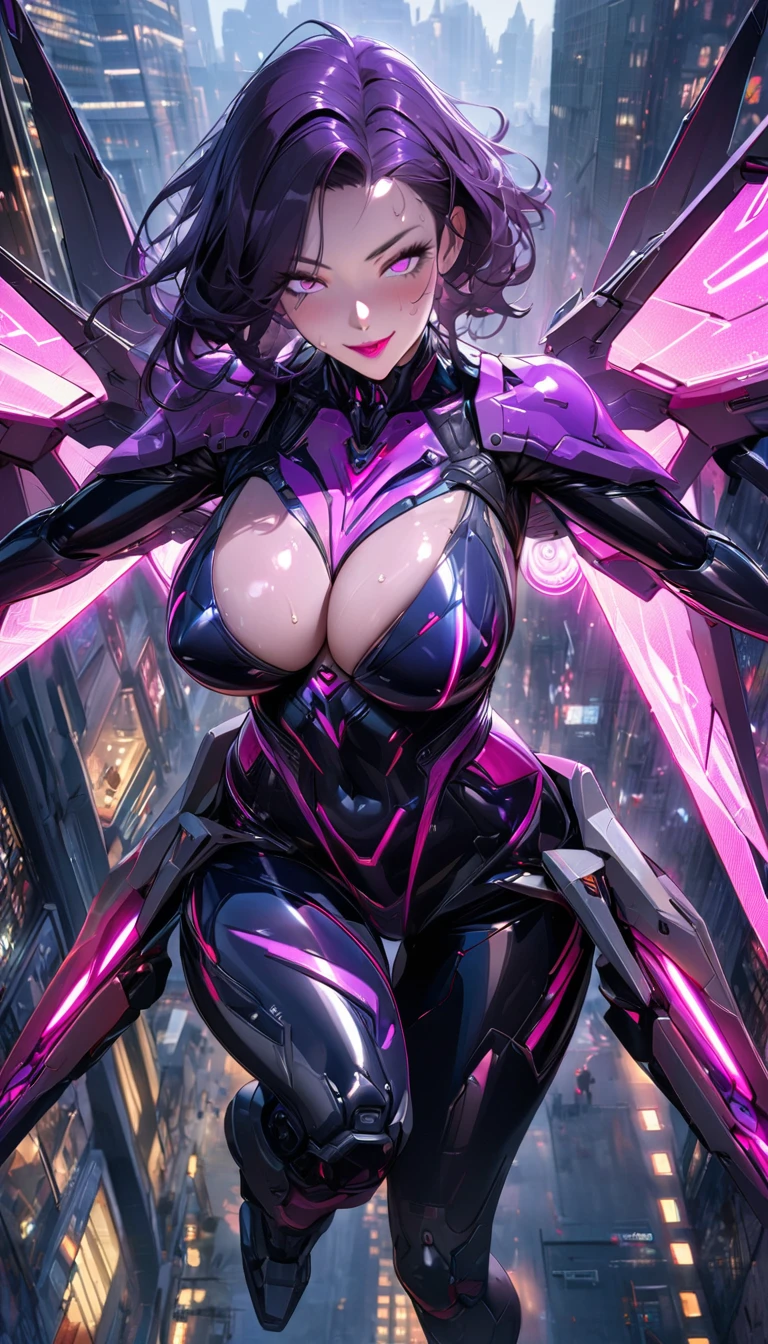 1 mature and seductive woman,(Detailed Description,Incredibly absurd,High resolution,8k wallpaper,masterpiece,Highest quality,Depth of region,Anatomically accurate depiction,A face with attention to detail, Eye for detail,Perfect body,Two lovely hands, Five perfect fingers),(Glowing Skin,Shiny skin,Oilskin),((Sexy female soldier)),(Futuristic body suit,Futuristic exoskeleton,Mechanical Wings,Mechanical thrusters,visor),eyelash,(Intensely glowing purple eyes,Large chest,Bewitching Smile,Glossy lipstick,The temptation to depravity,Sweat),(whole body),My hair is blowing in the wind,A strong wind is blowing,(background:The city seen from the air),(From above:1.3)