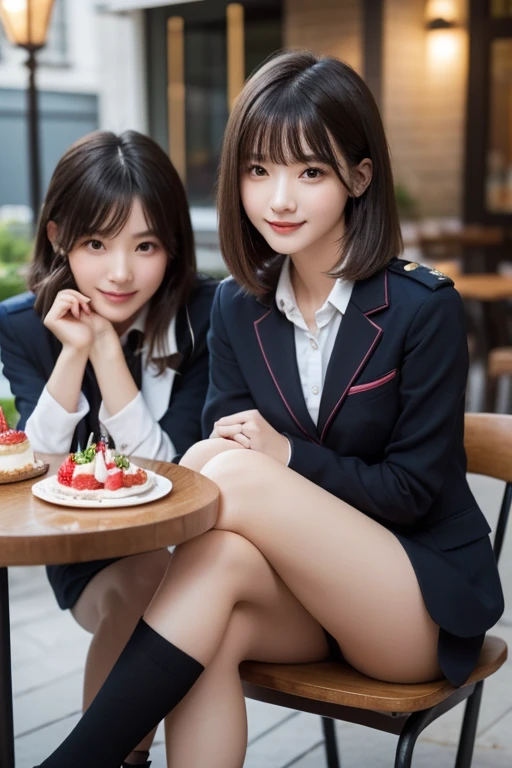 (Two slim girls with small breasts、Wearing a winter blazer、There is a girl with long hair and plain bangs. 、Close-up portrait of a short-haired girl in a winter blazer uniform:1.5)、(Sit on a chair、Two girls eating strawberry cake with small smiles on the terrace of a cafe:1.3)、(Night Cafe :1.3)、(Perfect Anatomy:1.3)、(Complete Hand:1.3)、(Full Finger:1.3)、Photorealistic、Raw photo、Tabletop、Highest quality、High resolution、Delicate and beautiful、Perfect Face、Beautiful attention to detail、Fair skin、Real human skin、pores、((Thin legs))、(Black Hair)