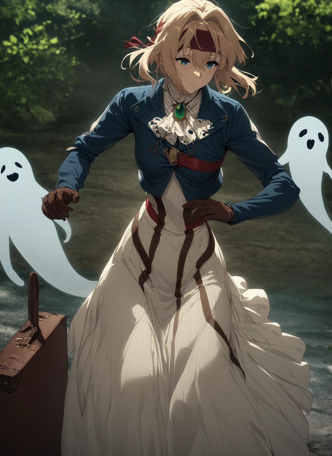 masterpiece, best quality, very aesthetic, absurd, ghost, Weaving, Headband, Red belt, Jewelry, white ascot, brooch, Blue Jacket, Long sleeve, Brown gloves, White Dress, Long skirt, permanent, Cowboy shooting, outdoor, holding suitcases, suitcases,