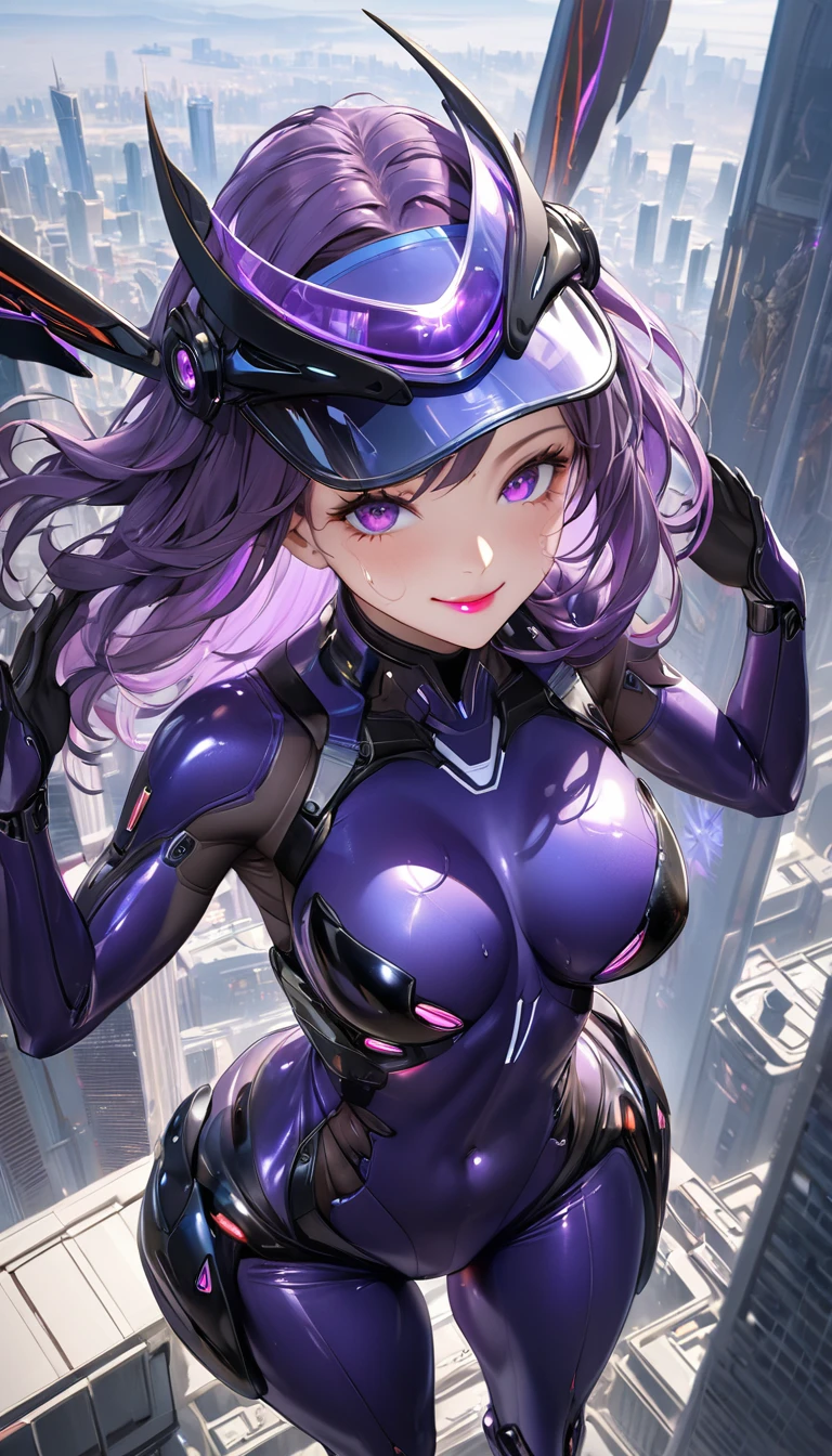 1 mature and seductive woman,(Detailed Description,Incredibly absurd,High resolution,8k wallpaper,masterpiece,Highest quality,Depth of region,Anatomically accurate depiction,A face with attention to detail, Eye for detail,Perfect body,Two lovely hands, Five perfect fingers),(Glowing Skin,Shiny skin,Oilskin),((Sexy female soldier)),(Futuristic body suit,Futuristic exoskeleton,Mechanical Wings,Mechanical thrusters,visor),eyelash,(Intensely glowing purple eyes,Large chest,Bewitching Smile,Glossy lipstick,The temptation to depravity,Sweat),(whole body),My hair is blowing in the wind,A strong wind is blowing,(background:The city seen from the air),(From above:1.3)