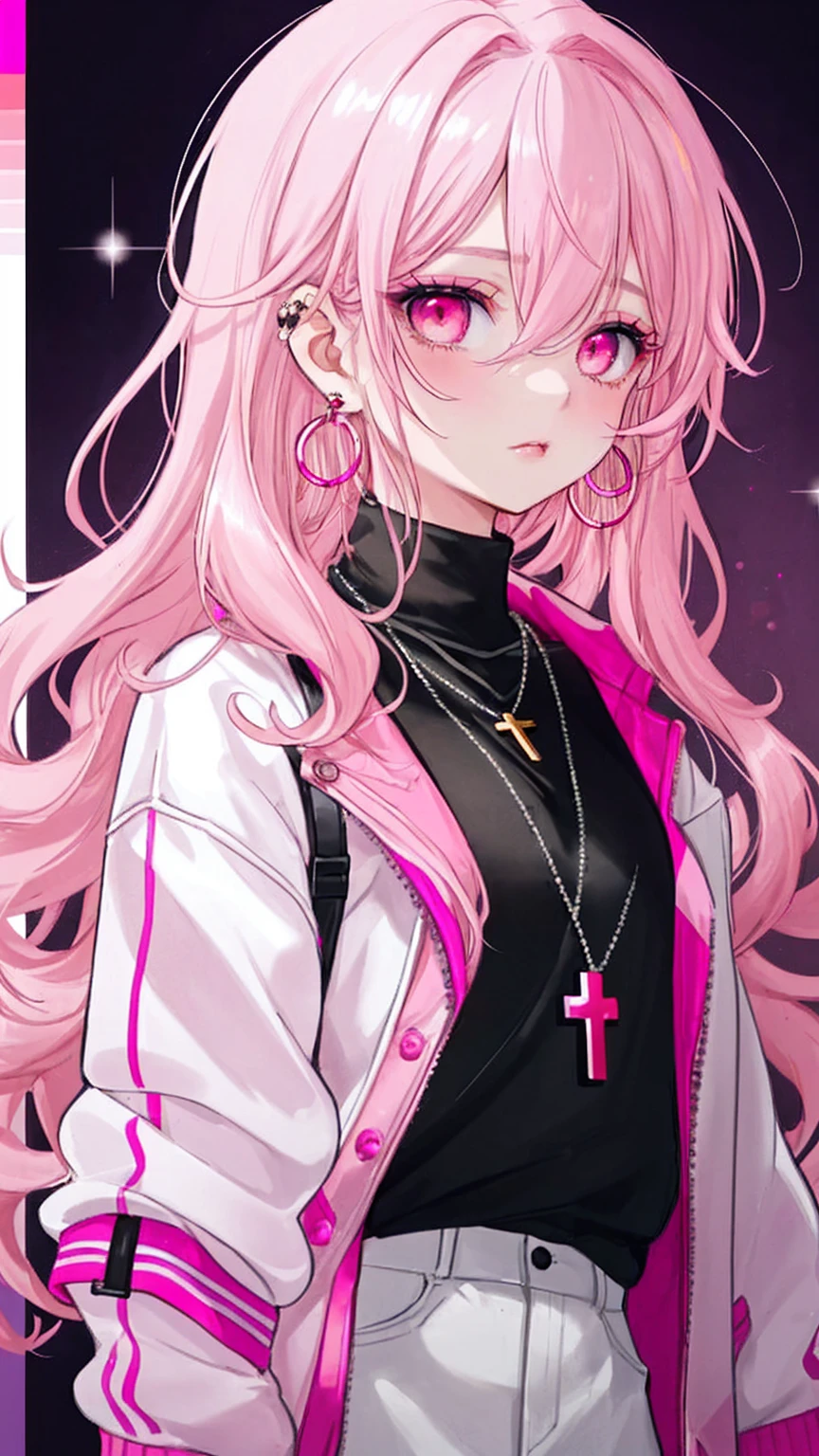 bottom style, 1 girl, alone, long hair, looking at the viewer, glowing background, jewelry, closed mouth, Jacket, Upper body, pink hair, earrings, pink eyes, necklace, From the side, sweater, lips, eyelash, compensate, wavy hair, earrings, cross, lipstick, ear earrings, eye shadow, hoop earrings, pink lips, multicolored eyes, pink theme, , pink eye shadow,