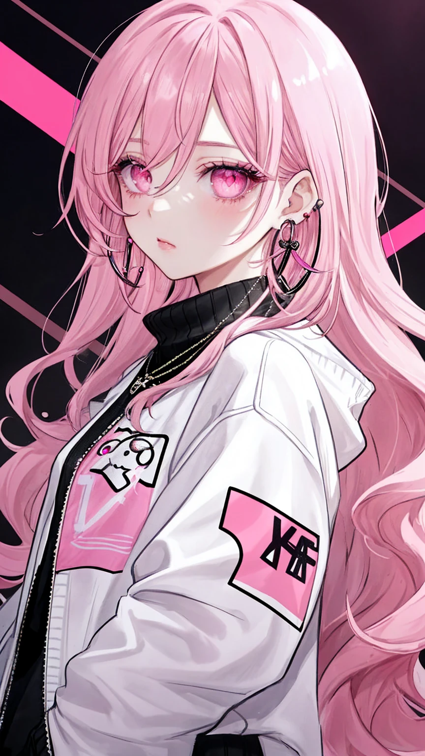 bottom style, 1 girl, alone, long hair, looking at the viewer, glowing background, jewelry, closed mouth, Jacket, Upper body, pink hair, earrings, pink eyes, necklace, From the side, sweater, lips, eyelash, compensate, wavy hair, earrings, cross, lipstick, ear earrings, eye shadow, hoop earrings, pink lips, multicolored eyes, pink theme, , pink eye shadow,