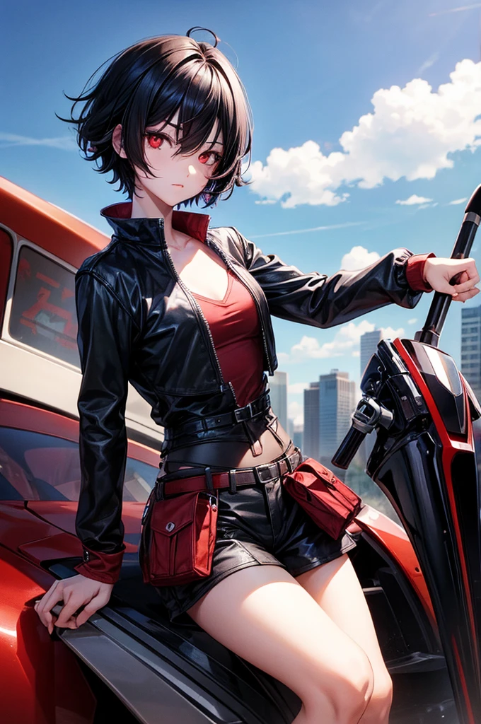 Boy. Cool. Red eyes black hair.short anime hair. Cool apocalypse backround