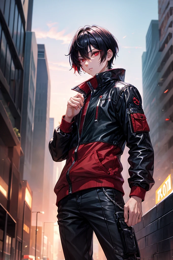 Boy. Cool. Red eyes black hair.short anime hair. Cool apocalypse backround 