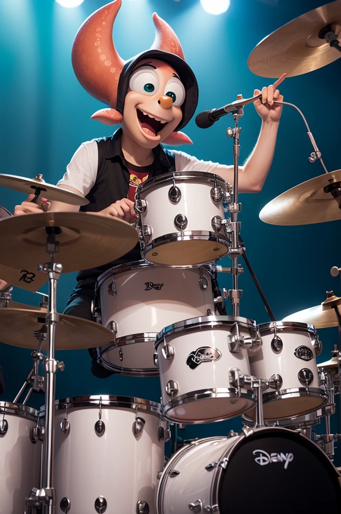 a disney pixar octopus, playing drums