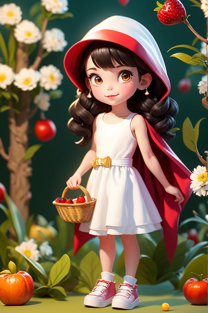 8 year old girl, wearing a red cape hood and white dress, carrying a basket with fruit.