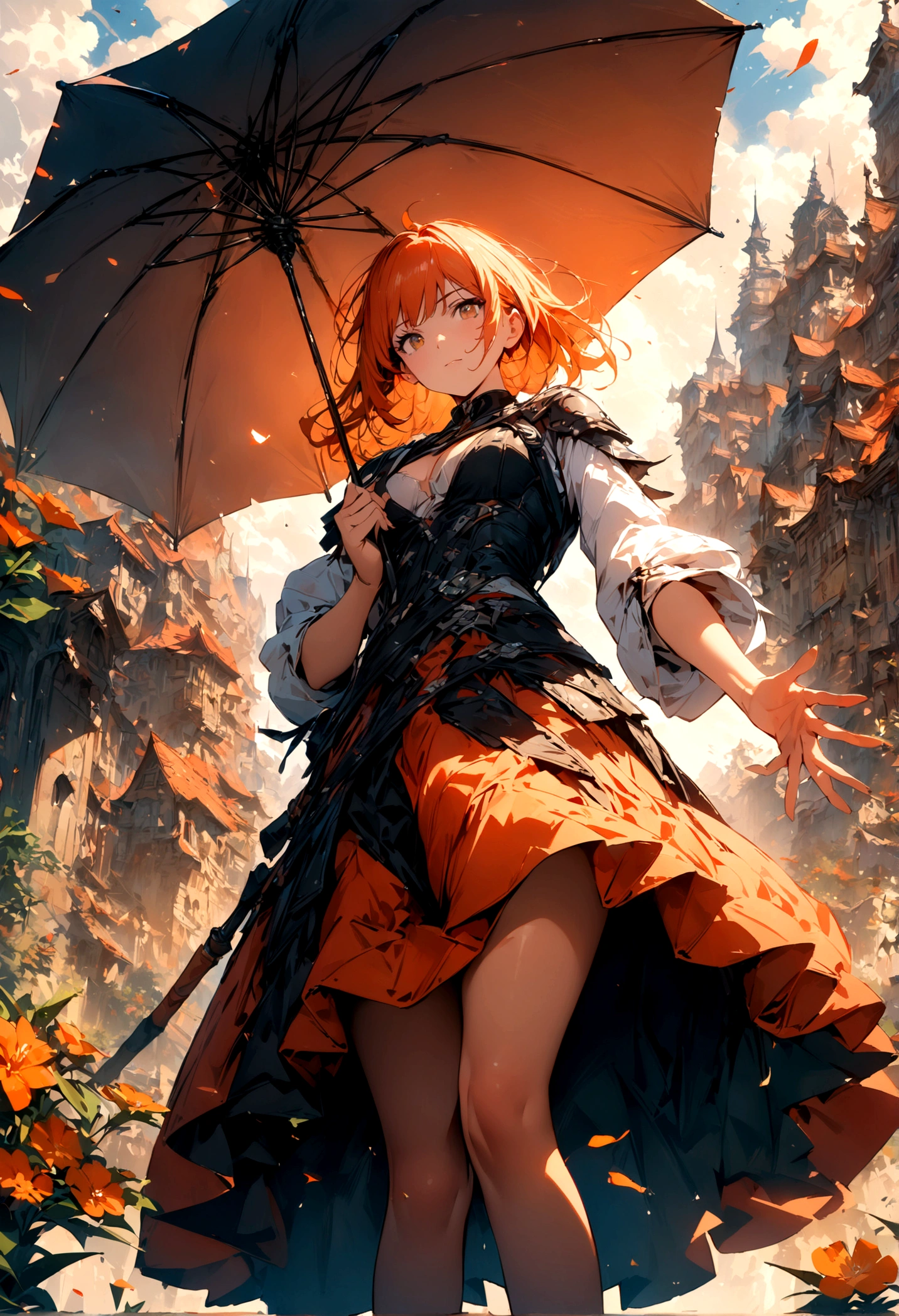 1 Girl, Holding an umbrella, Orange Hair_flower, skirt, bending_Exceed , View from below,(perfect_Face), Gorgeous, complex, 4K, detailed_background, Caustic lines, full_Body, digital_illustration, (masterpiece:1.4), (best quality:1.4), fantasy, extremely detailed, complex, hyper detailed, Soft lighting,