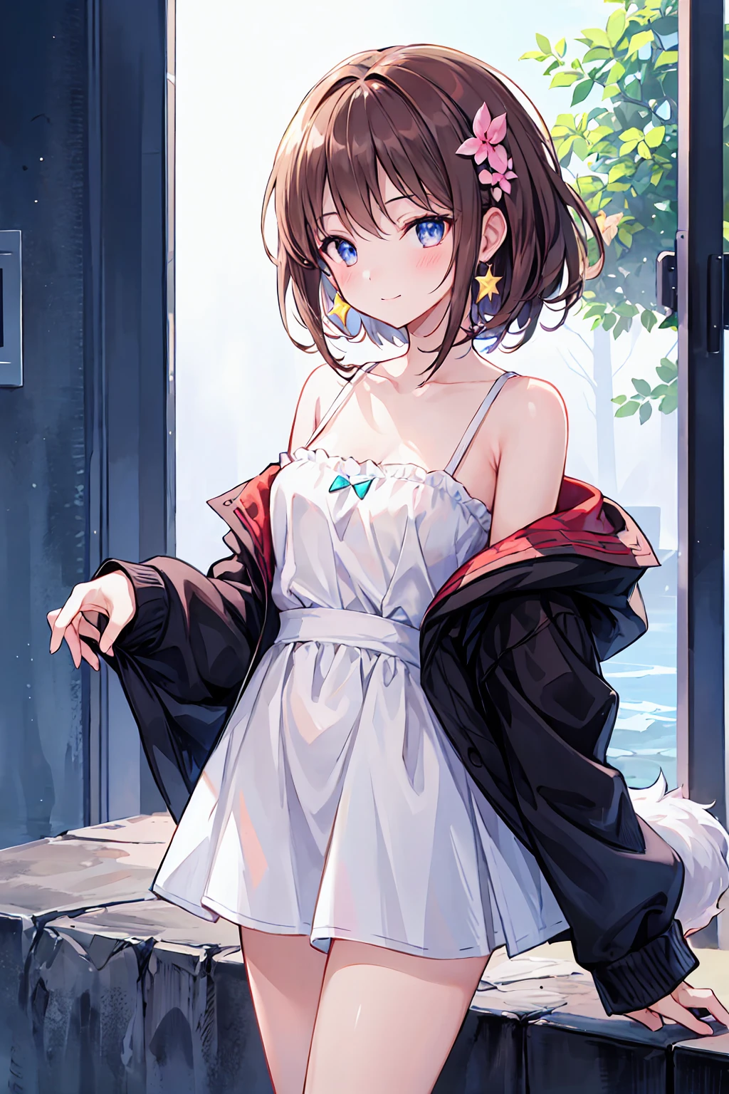 Great quality, masterpiece, High Resolutiupon, One girl, blush, (Cute Smile: 0.8), Star Eyes, hair accessory, jewelry, beauty, upon_body, Tyndall effect, Realistic, Peach Blossom Forest, Light Edge, Two-tupone Lighting, (Skin with attention to detail: 1.2), 8K UHD, Digital SLR, Soft Light, high quality, Volumetric lighting, Voyeur, photograph, High Resolutiupon, 4K, 8K, Background Blur,Brown Hair,Small breasts
