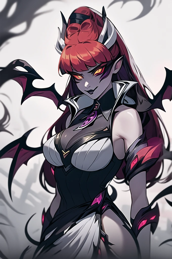 masterpiece, best quality, 1girl, zyra, yellow eyes, red sclera, red hair, long hair, grey dress, huge white bat wings, solo, upper body,  night, tentacle, dark, fog, mist, macabre atmosphere, crime city, nasty street background 