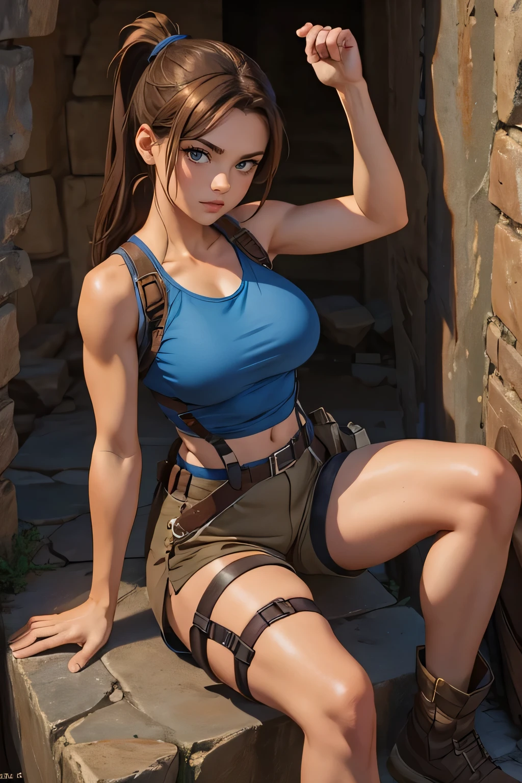 Woman, Brown Hair, Ponytail, Brown Shorts, Blue Tank Top, Large Breasts, Leg Holster, Chest Harness, Hiking Boots, Exploring a Tomb