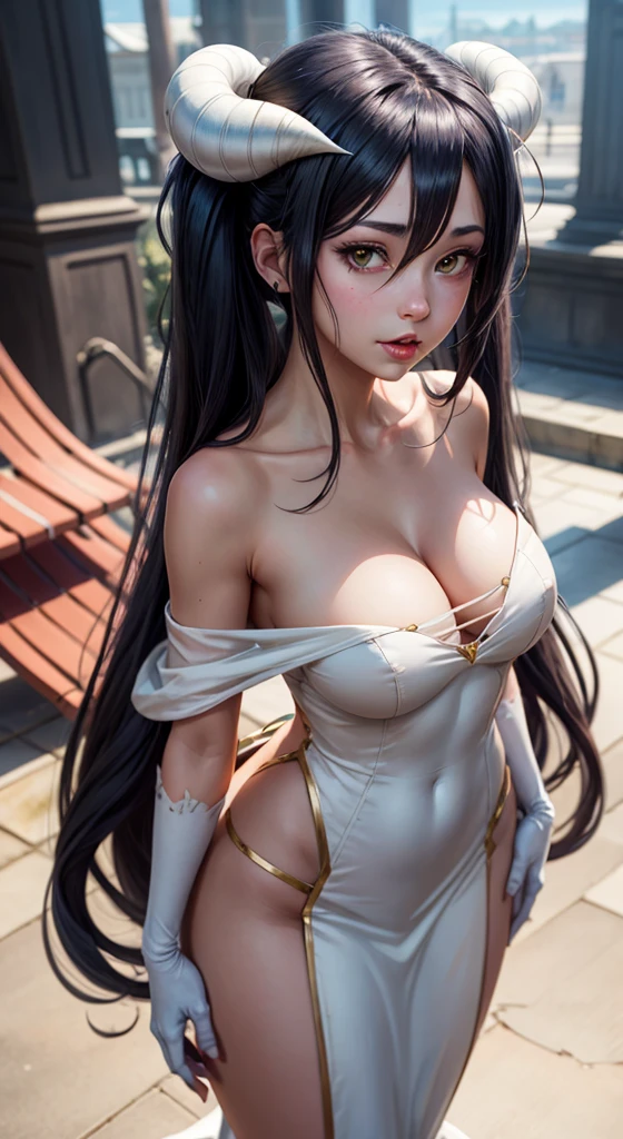 anime girl with long black hair and white dress  nude albedo from overlord, albedo from the anime overlord big   agheo face, , albedo, hestia, albedo texture, white horns queen demon, anime goddess, /!\ the sorceress, shalltear from overlord, twintails white_gloves