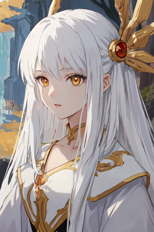 masterpiece, anime style, best quality, portrait, 1girl, white hair, amber eyes, long hair, hair pin