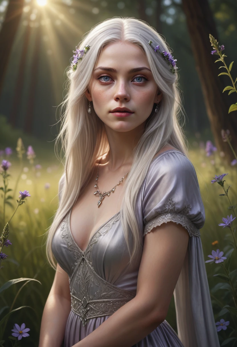 a beautiful woman with long silver white hair,piercing violet eyes,detailed face,pale skin,high cheekbones,delicate features,wearing a flowing silver dress,standing in a serene meadow with lush green grass and wildflowers,sunlight streaming through the trees,an air of grace and elegance,(best quality,8k,highres,masterpiece:1.2),ultra-detailed,(realistic,photorealistic,photo-realistic:1.37),digital painting,cinematic lighting,dramatic colors,fantasy,portrait