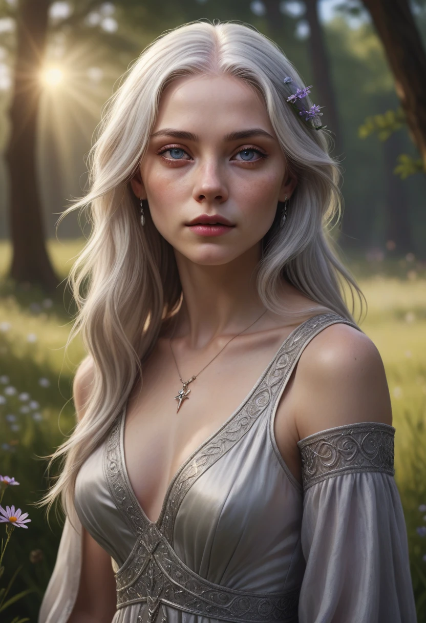 a beautiful woman with long silver white hair,piercing violet eyes,detailed face,pale skin,high cheekbones,delicate features,wearing a flowing silver dress,standing in a serene meadow with lush green grass and wildflowers,sunlight streaming through the trees,an air of grace and elegance,(best quality,8k,highres,masterpiece:1.2),ultra-detailed,(realistic,photorealistic,photo-realistic:1.37),digital painting,cinematic lighting,dramatic colors,fantasy,portrait
