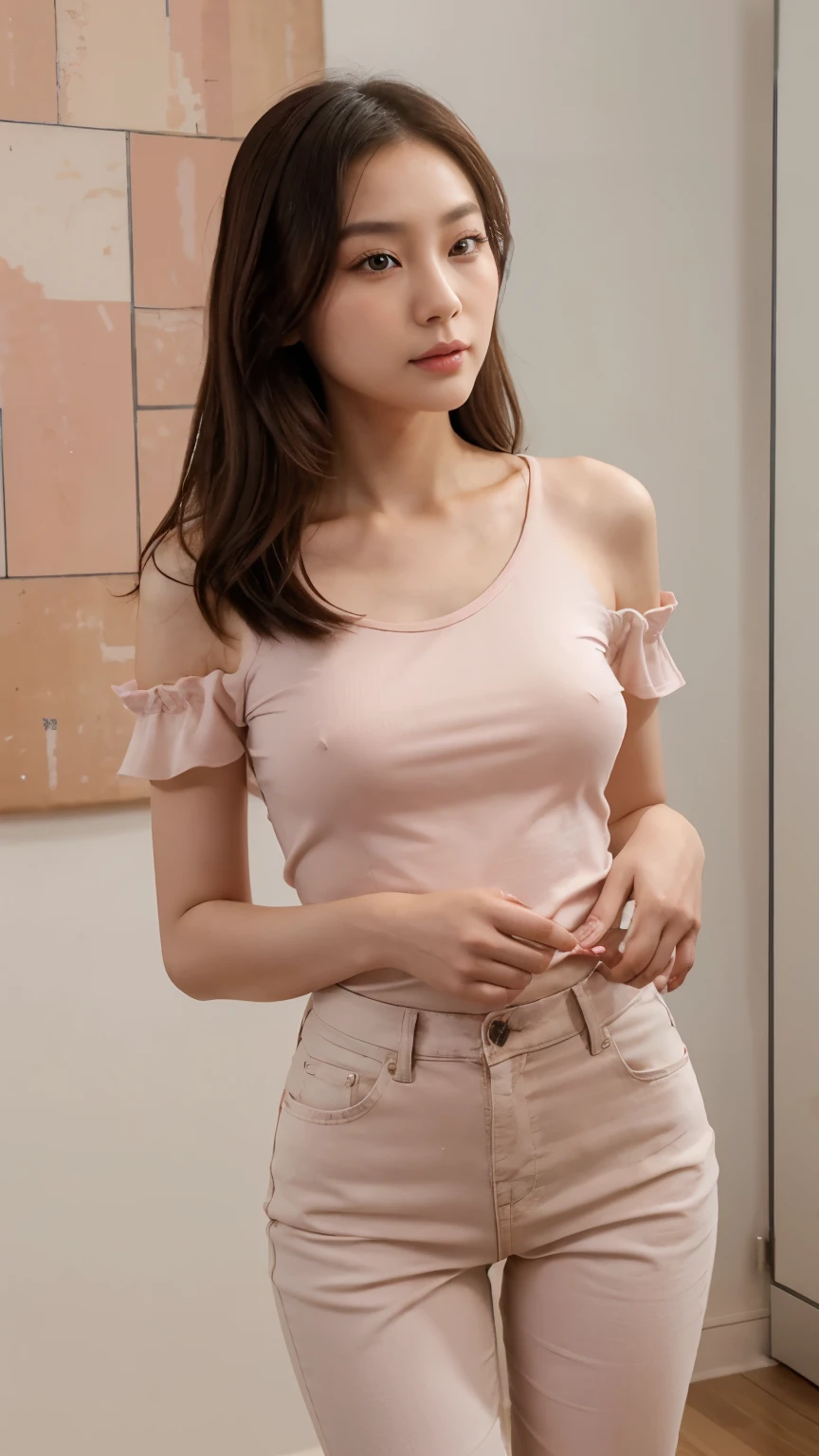 Gentle and charming Chinese beautiful woman, half-length photo, delicate and sexy collarbone, charming oval face, double eyelids, vivid peach blossom eyes, pink lips, small nose, bare shoulders, focused face, face close-up, ultra-high-definition, Super details, elegant standing posture, Korean style puff sleeve square collar slim short shirt, matched with high waist light-colored jeans suit