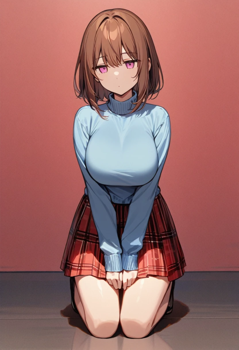masterpiece, best quality, 1girl, solo, adult, brown hair, red shade, pink eyes, white shirt, blue sweater, plaid skirt, large breasts, jitome, kneeling, v arms