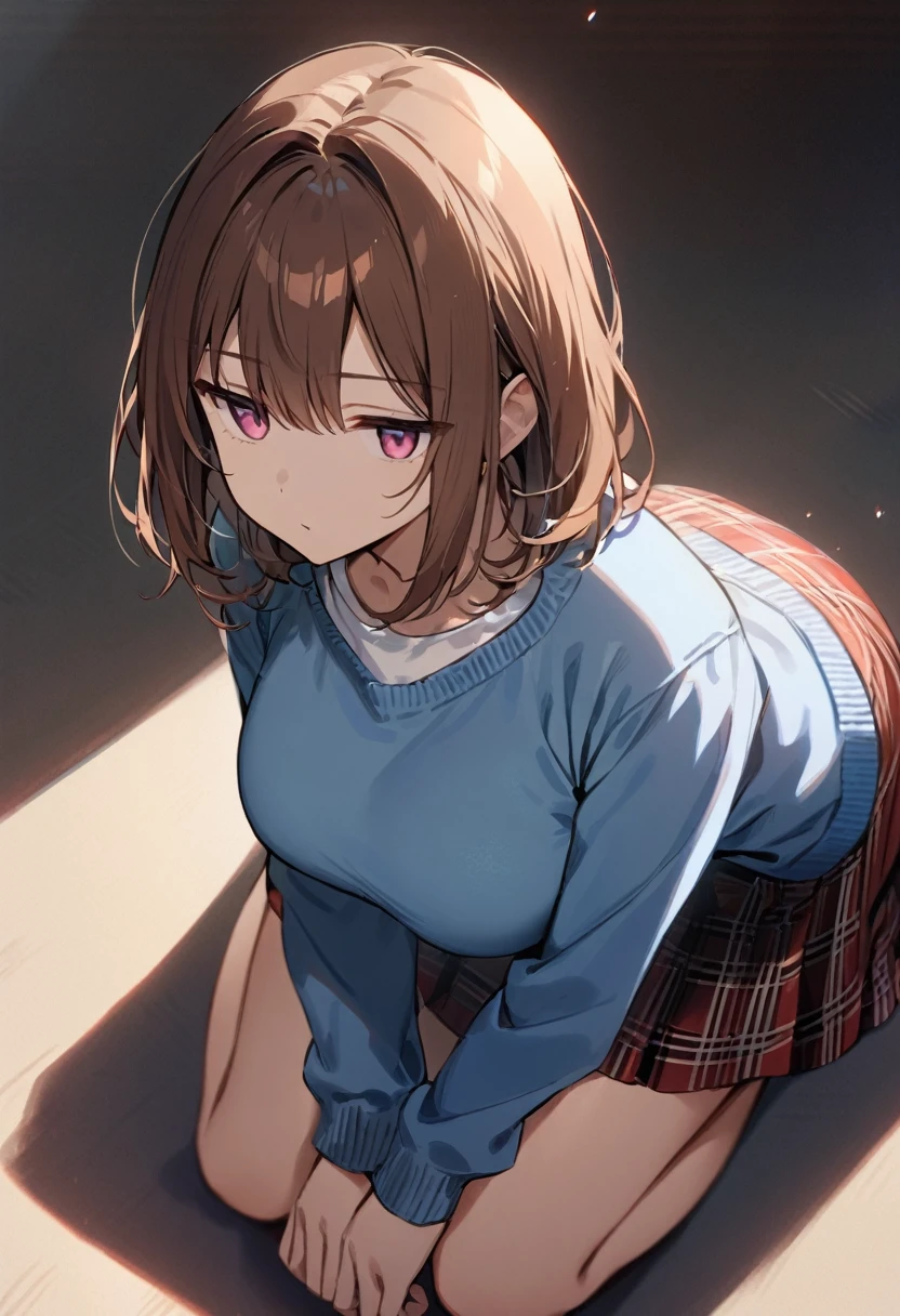 masterpiece, best quality, 1girl, solo, adult, brown hair, red shade, pink eyes, white shirt, blue sweater, plaid skirt, large breasts, jitome, kneeling, v arms