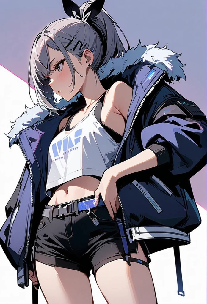 young girl, gray short hair, gray eyes, high ponytail, cyberpunk, white top, shorts, fur coat, masterpiece, high quality, silver wolf, oversized vest