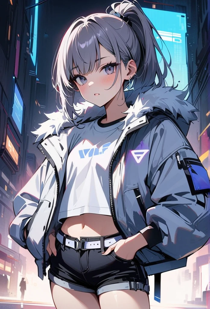 young girl, gray short hair, gray eyes, high ponytail, cyberpunk, white top, shorts, fur coat, masterpiece, high quality, silver wolf, oversized vest