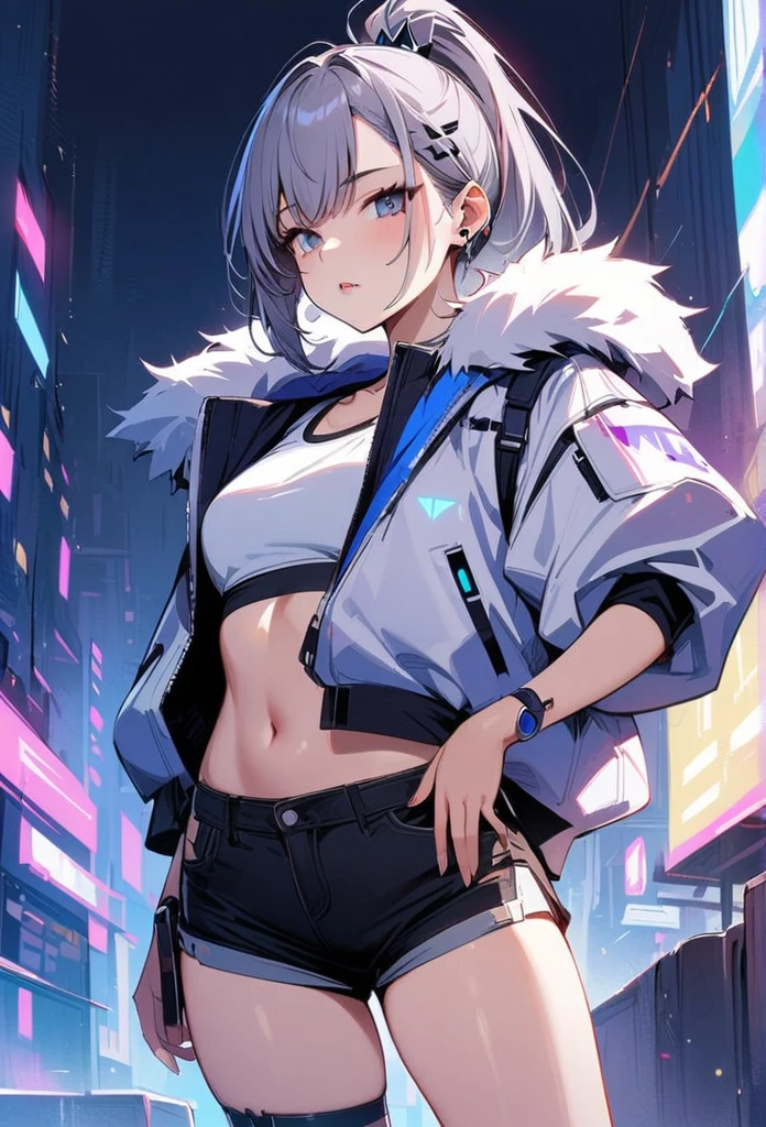 young girl, gray short hair, gray eyes, high ponytail, cyberpunk, white top, shorts, fur coat, masterpiece, high quality, silver wolf, oversized vest