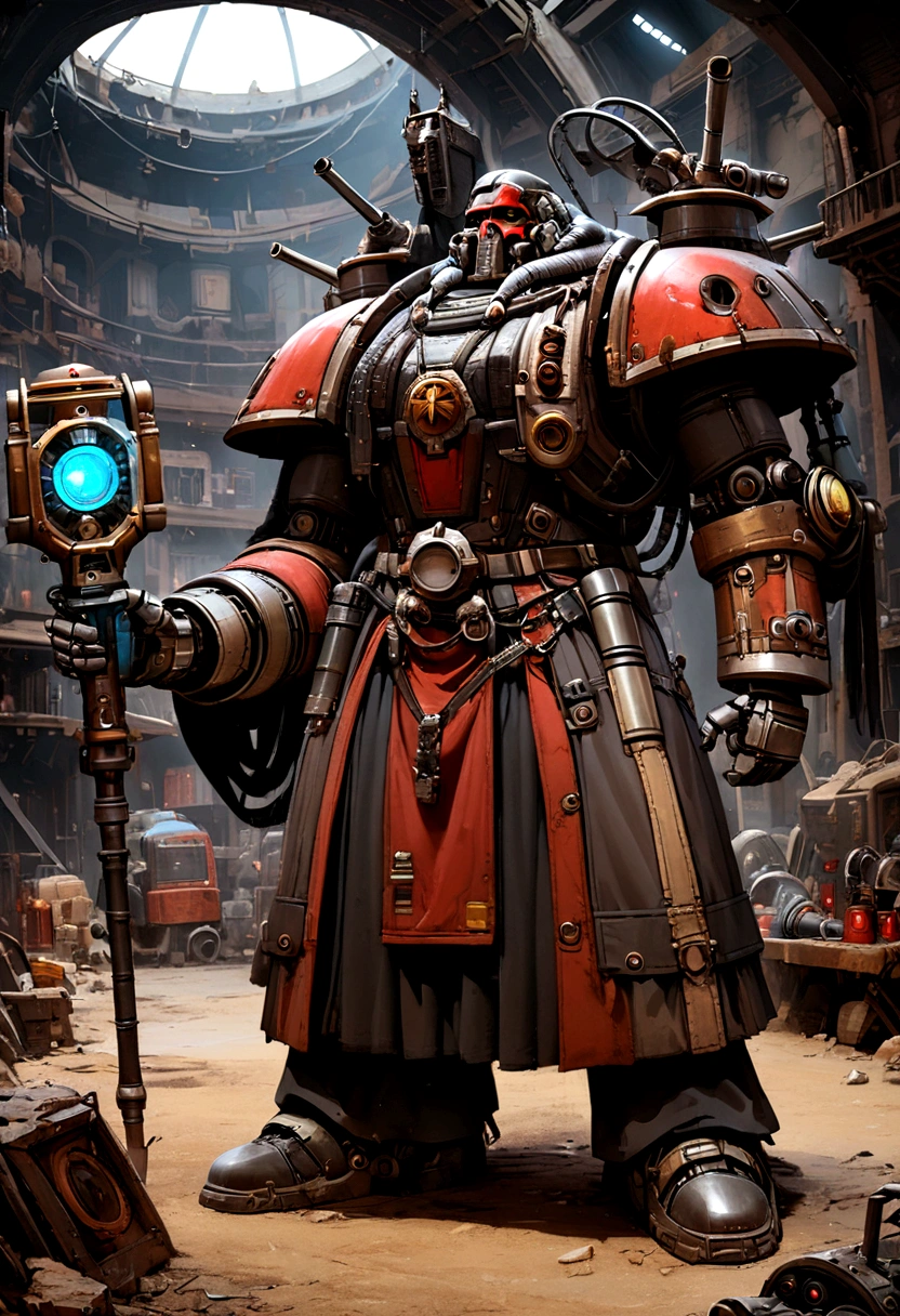The resulting artwork is of Tech from Star Wars: The Bad Batch, reimagined for the Warhammer 40,000 universe. Depict him as a venerable Tech Priest of the Adeptus Mechanicus, standing at full height. He should be dressed in traditional Christmas regalia, adorned with arcane symbols and creative circuitry. His bionic enhancements should be the sleek, playful tech of Star Wars with the gothic, baroque style of Warhammer 40K. He holds a holographic laptop in one hand, its glowing blue interface contrasting with the dark, grim surroundings. Include elements such as servo arms, manipulators, jagged motifs, and a mechanical staff. The background should evoke a dark, industrial forge world, with towering manufactories and the ever-present glow of forge fires. An overall dark and imposing atmosphere, reflecting the essence of both universes.