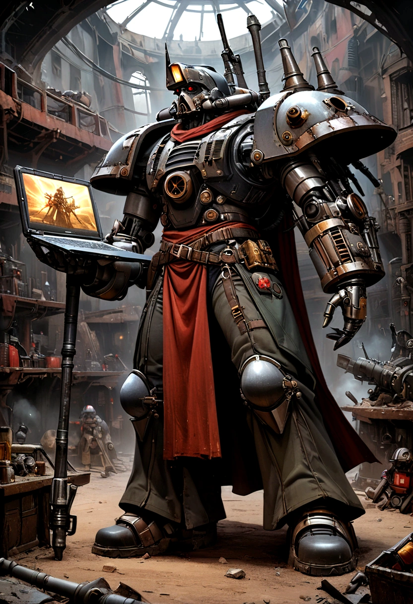 The resulting artwork is of Tech from Star Wars: The Bad Batch, reimagined for the Warhammer 40,000 universe. Depict him as a venerable Tech Priest of the Adeptus Mechanicus, standing at full height. He should be dressed in traditional Christmas regalia, adorned with arcane symbols and creative circuitry. His bionic enhancements should be the sleek, playful tech of Star Wars with the gothic, baroque style of Warhammer 40K. He holds a holographic laptop in one hand, its glowing blue interface contrasting with the dark, grim surroundings. Include elements such as servo arms, manipulators, jagged motifs, and a mechanical staff. The background should evoke a dark, industrial forge world, with towering manufactories and the ever-present glow of forge fires. An overall dark and imposing atmosphere, reflecting the essence of both universes.