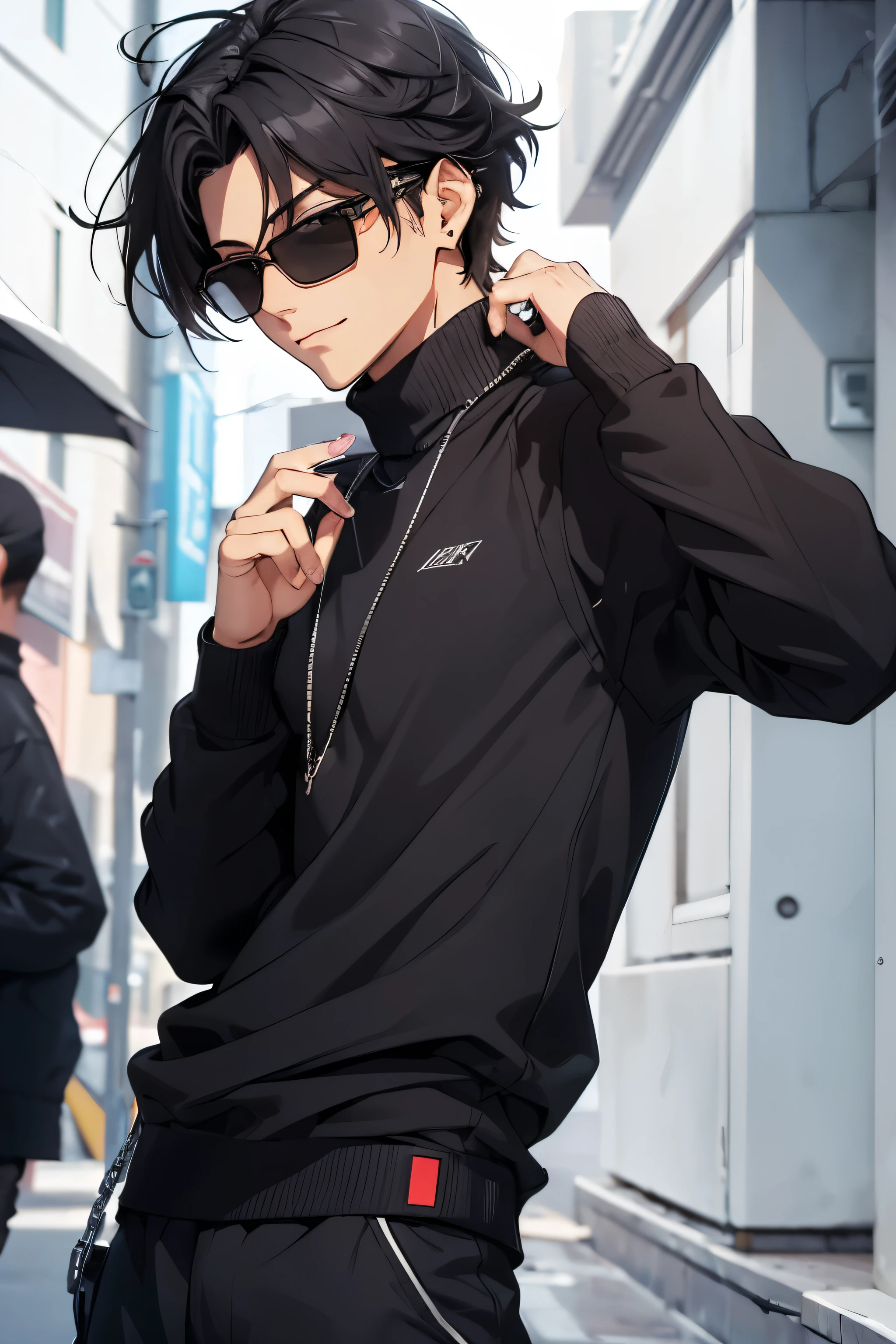 High definition, uhd. Draw a male anime character from the front with the following physical characteristics: jovem aduulto, Caucasian skin, medium and messy black hair, but well looked after. Your hair falls over your ears and the back of your neck. O personagem é cego e utiliza sunglasses de red lenses e armação prateada. Glasses hide your eyes and give you a mysterious look. fine nose, relaxed features, Serious and confident, corner smile. badass clothing: a black sweater and a silver chain. destacados: sunglasses, red lenses (character's trademark). Glasses lenses make it impossible to see your eyes. Red background in blurred style.