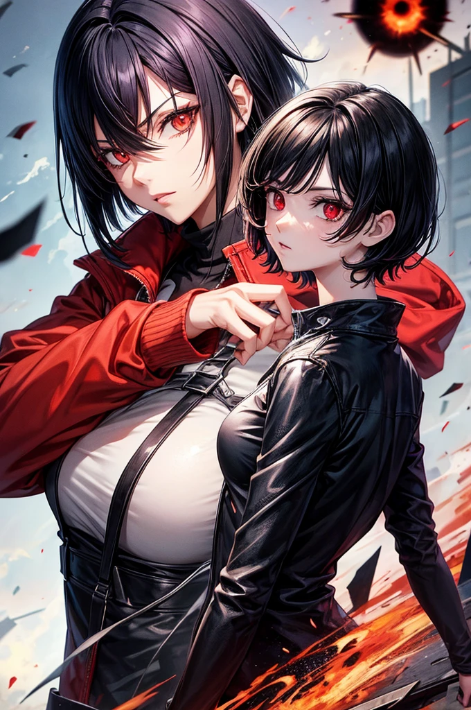 Cool. Red eyes black hair.short anime hair. Cool apocalypse backround