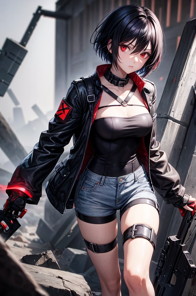 Cool. Red eyes black hair.short anime hair. Cool apocalypse backround