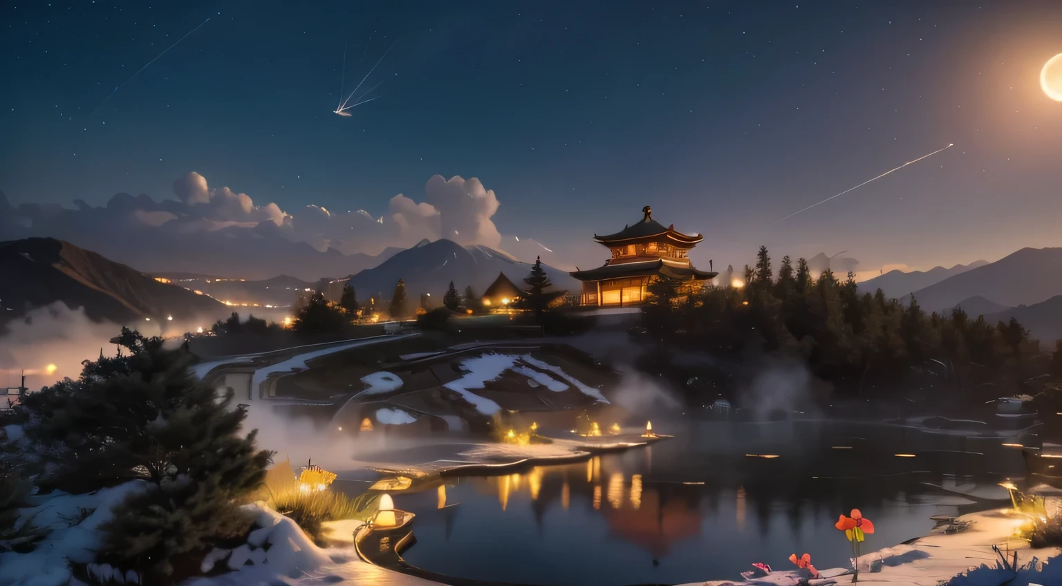 Chinese scenery, ((hot spring)), (Blizzard), (firefly), (Paper Kite), (midnight), (moon), Hilltop Shrine, ((flower)), Beautiful scenery, Realistic lighting, masterpiece, high quality, Beautiful graphics, High Detail,