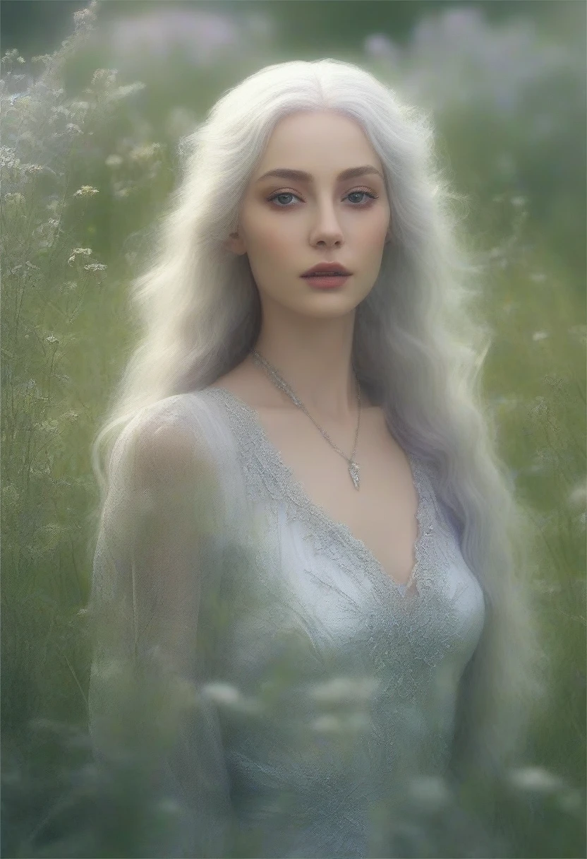 a beautiful woman with long silver white hair,piercing violet eyes,detailed face,pale skin,high cheekbones,delicate features,wearing a flowing silver dress,standing in a serene meadow with lush green grass and wildflowers,sunlight streaming through the trees,an air of grace and elegance,(best quality,8k,highres,masterpiece:1.2),ultra-detailed,(realistic,photorealistic,photo-realistic:1.37),digital painting,cinematic lighting,dramatic colors,fantasy,portrait
