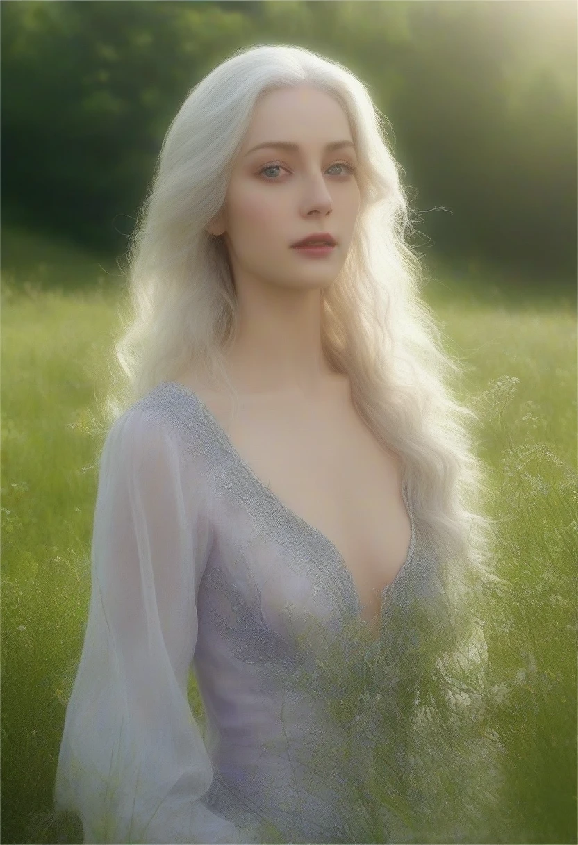 a beautiful woman with long silver white hair,piercing violet eyes,detailed face,pale skin,high cheekbones,delicate features,wearing a flowing silver dress,standing in a serene meadow with lush green grass and wildflowers,sunlight streaming through the trees,an air of grace and elegance,(best quality,8k,highres,masterpiece:1.2),ultra-detailed,(realistic,photorealistic,photo-realistic:1.37),digital painting,cinematic lighting,dramatic colors,fantasy,portrait
