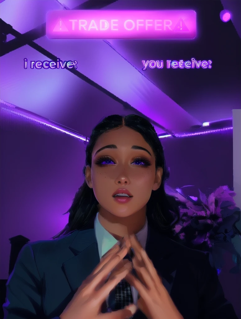 there is a woman in a suit and tie making a face, blacklight reacting, twitch streamer, very very low quality picture, his palms are sweaty, looking into camera, plump lips