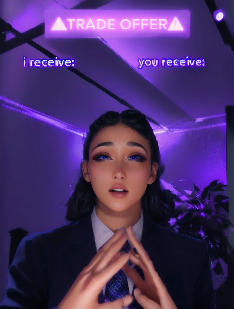 there is a woman in a suit and tie making a face, blacklight reacting, twitch streamer, very very low quality picture, his palms are sweaty, looking into camera, plump lips