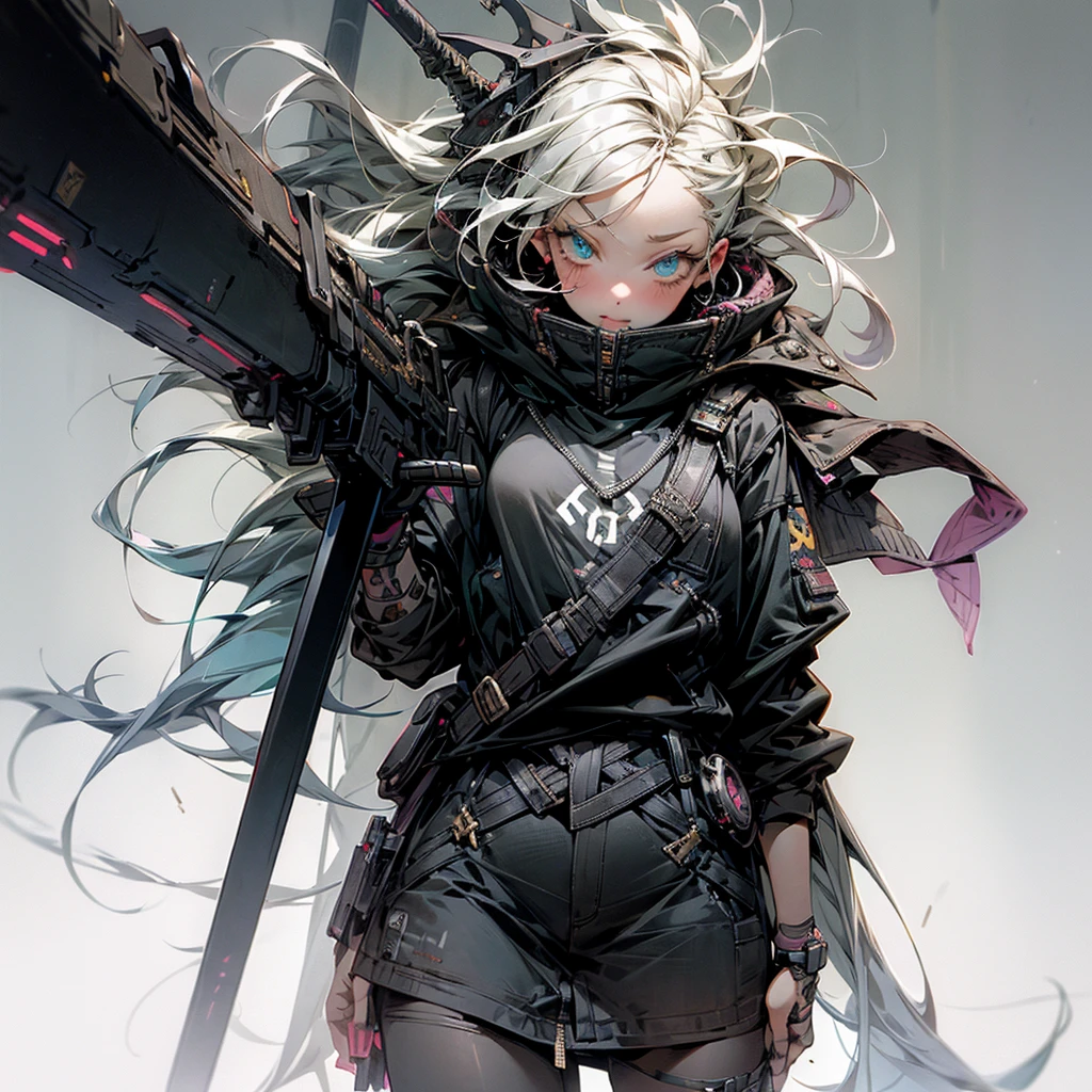 1 girl, 1 solo girl, punk clothes, gothic, cyberpunk weapons, destroyed city, beautiful hair, beautiful and detailed eyes, masterpiece, cinematic, mouth without defects, body without defects, hands and arms and legs without defects or anomalies, character no defects no anomalies