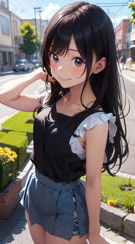 masterpiece, Highest quality, Super detailed, figure, (Realistic:1.3),cute, girl, alone, Black Hair, Fairy, Blunt bangs, Tube top dress, Fluffy ultra mini skirt,smile, flower, spring,blue sky,Low angle shot,