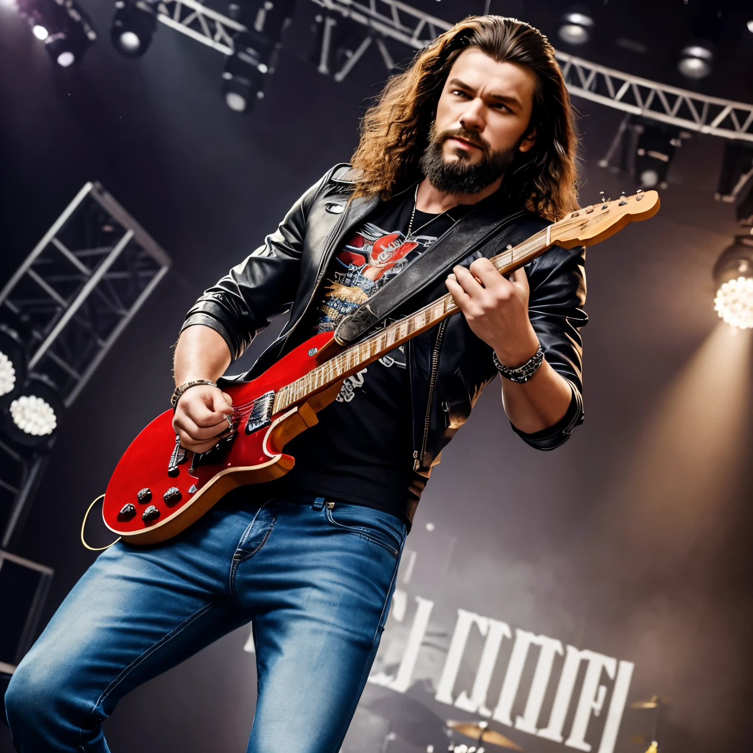 "Create a realistic image of Mikhail Gorshenev, frontman of the group "The King and the Jester", what it might look like today. Make him look like a rock star, with a characteristic appearance, including long hair and possibly, modern hairstyle or beard. He should be dressed in modern, but rocker clothes - a leather jacket, printed T-shirt, jeans. Try to convey his charisma and energy."
