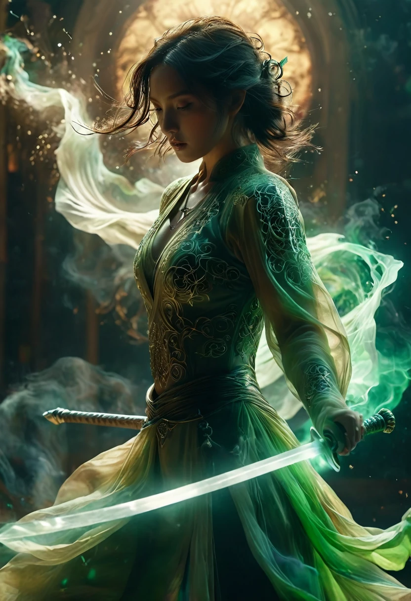 upperbody Photography of female swordman，atomically correct,Raw, cinematic shot, (sharp focus:1.5), (photorealistic:1.4), twilight lighting, volumetric lighting, ultra high res, 16K,dramatic lighting, abstract backgrounds：1.5），Glowing sword,(Fighting posture),Hold the hilt of a sword in your hand，1sword，solo，（zentangle，datura，Tangles，entangled：0.7） , depth of field, Fantastical Atmosphere, The most beautiful form of chaos, ellegance, Dark theme of Fauvist design, Flower of Death, Flowers of ecstasy，Glowing Line,Glow Example，Tracking example，flash， Backlight，translucent，light particles，jade，xianxia