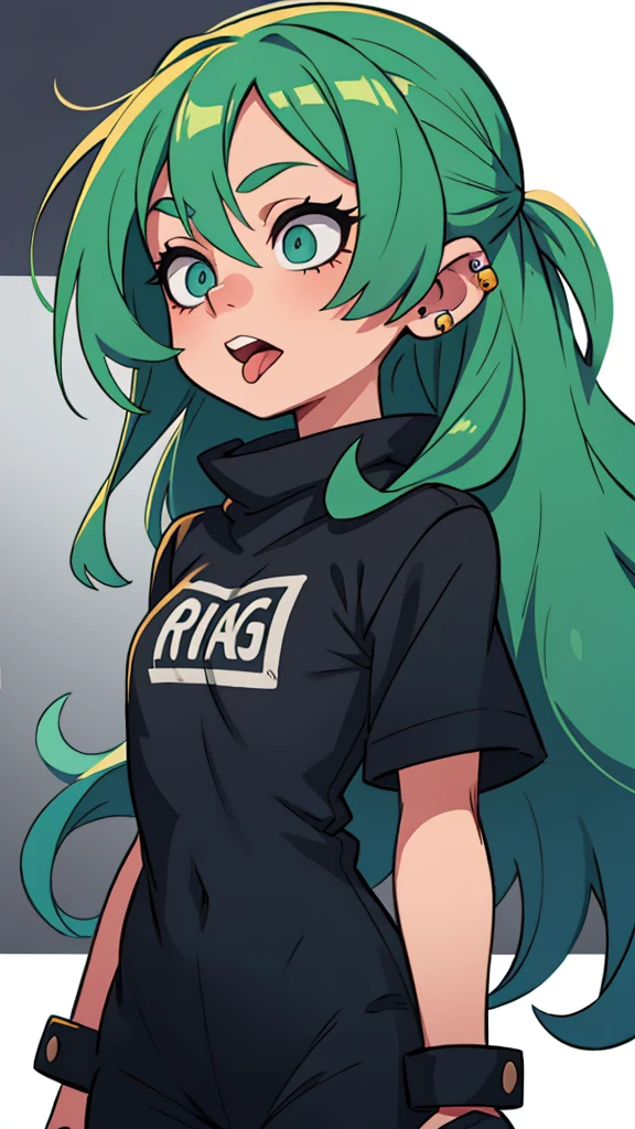 A girl with green hair and blue eyes, long hair, piercing in the tongue and two piercings in the ear in black clothes