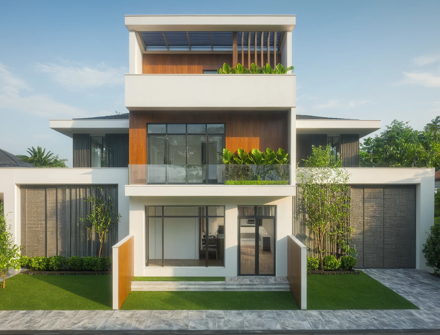 modern villa on street, (daylight), tropical tree, vivid colour, streetcapes, white tone, white wall, large glass door, warm interior lighting, wood, raw photo, ultra realistic, best quality, 17ArchiAI_XL_VL-v1
