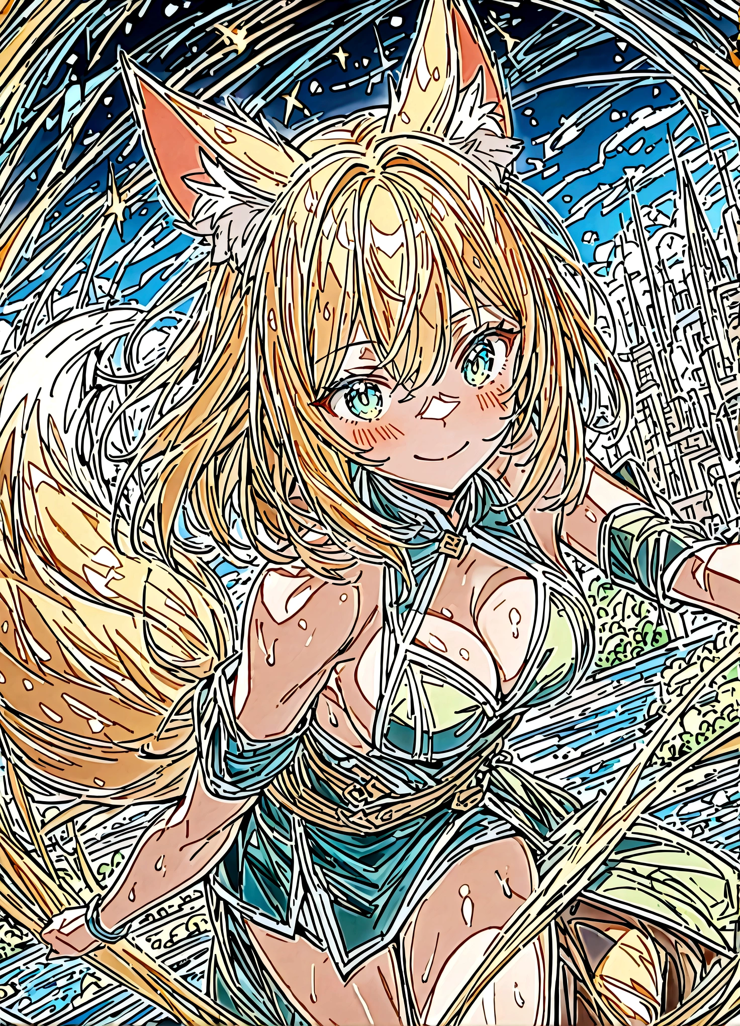 nsfw,(space action style), (Muted Tone), Delicate, Detail, Masterpiece,(colorful)illustration,(colorful)light particles, lens flare,
women with fox-ears and fox-tail,smile,
a battle for space and existence, battle,city,wood,rabbit,
sideboob,shoulders,cleavage,sideless,thighs,
Cowboy shot, close-up,from above,
dynamic angle, dynamic pose,
Artistic, memorable masterpieces, moments in history,(fantastical and mesmerizing scenery)
Watercolor:1.6, Delicate, Detail, (river-cats:1.3),warm-cats,
(masterpiece:1.2),(best quality:1.2),newest,intricate details,
fox ears, ear hair